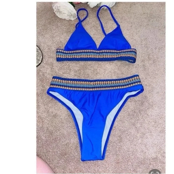 Women's Blue Triangle Bikini Set w/ Contrasts Trim Size M High-Waisted - Picture 3 of 13